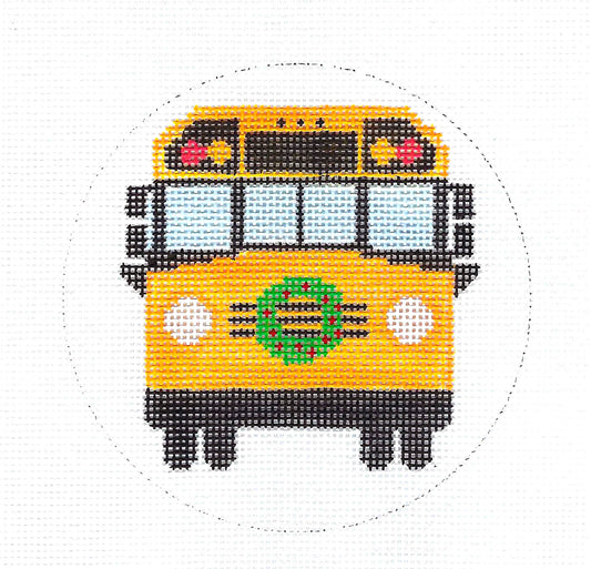 YELLOW SCHOOL BUS with Christmas Wreath  handpainted 4.5" Needlepoint Canvas by Suzie Vallerie