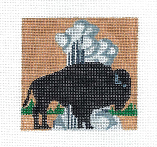 Yellowstone Park with Bison & "Old Faithful"  4" Square Handpainted Needlepoint Canvas Ornament by Melissa Prince