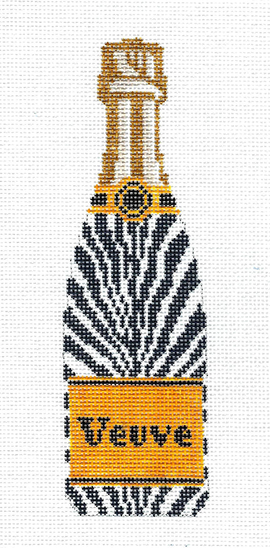 "Veuve" Champagne Bottle in ZEBRA Pattern handpainted 18 Mesh Needlepoint Canvas by C'ate La Vie