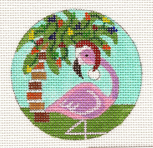 Round ~ Flamingo With Decorated Palm Tree 3" Ornament on 18 mesh handpainted Needlepoint Canvas by Kamala from PLD Designs