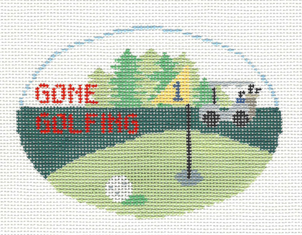 Sports Oval ~ Gone Golfing Sports 18 Mesh handpainted Needlepoint Ornament Canvas by Kathy Schenkel