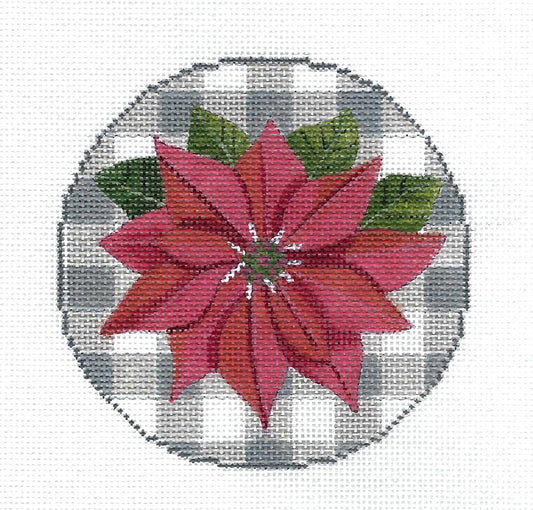 Christmas ~ Poinsettia on Gingham Checks 4" Round 18 Mesh handpainted Needlepoint Canvas by D. Schwartz from PLD