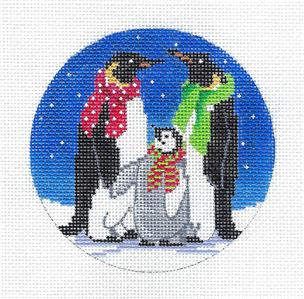 Bird Round ~ Penguin Family of Three handpainted 18 mesh Needlepoint Canvas Alice Peterson