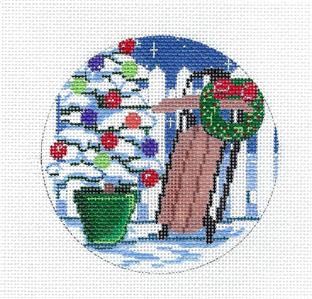 Christmas Round ~ Sled by the Christmas Tree handpainted 18 mesh Needlepoint Canvas Alice Peterson