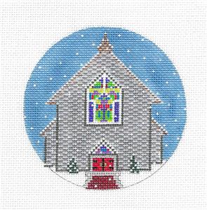 Christmas Round ~ Stone Church in Snow handpainted Needlepoint Canvas by Purple Palm