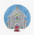 Christmas Round ~ Stone Church in Snow handpainted Needlepoint Canvas by Purple Palm