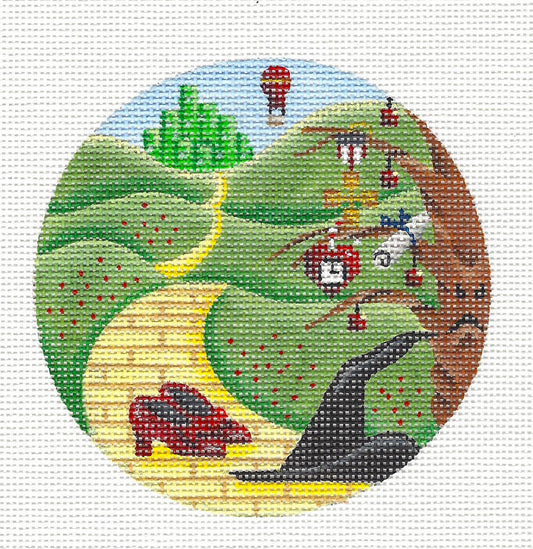 Round ~ Wizard of OZ the Yellow Brick Road handpainted Needlepoint Ornament Rebecca Wood