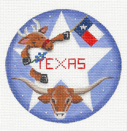 TEXAS Round ~ Texas Longhorn and Christmas Reindeer 4" Rd. 18 mesh handpainted Needlepoint Canvas by Rebecca Wood