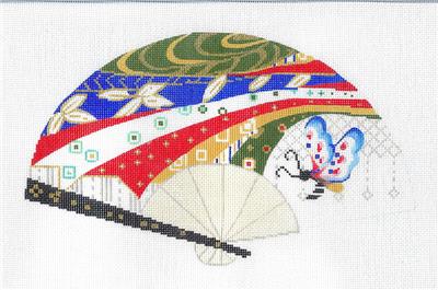 Oriental Fan ~ Elegant Butterfly & Ribbons Oriental FAN 18 mesh handpainted Needlepoint Canvas ~ Sophia
