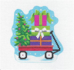 Christmas Canvas ~ Lil' Red Wagon with Gifts handpainted 18 Mesh Child's Needlepoint Ornament Canvas by Pepperberry