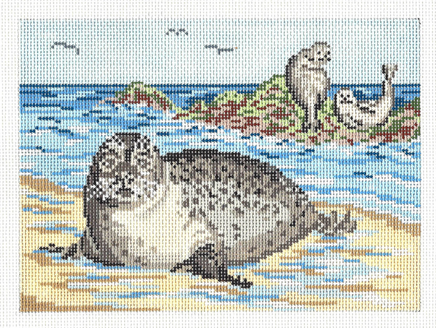Canvas ~ Seals on the Beach handpainted 18 mesh Needlepoint Canvas by Needle Crossings