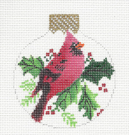 Bird Round ~ Cardinal & Holly Ornament handpainted Needlepoint Canvas Whimsy & grace