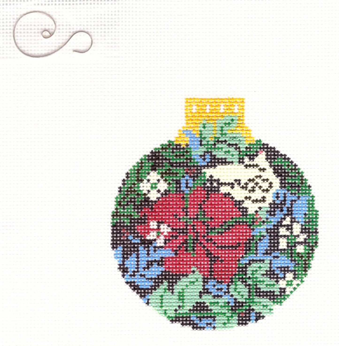 Floral Round ~ Red & White Flowers in a Garden Ornament handpainted 3.25" Needlepoint Canvas by Whimsy and Grace