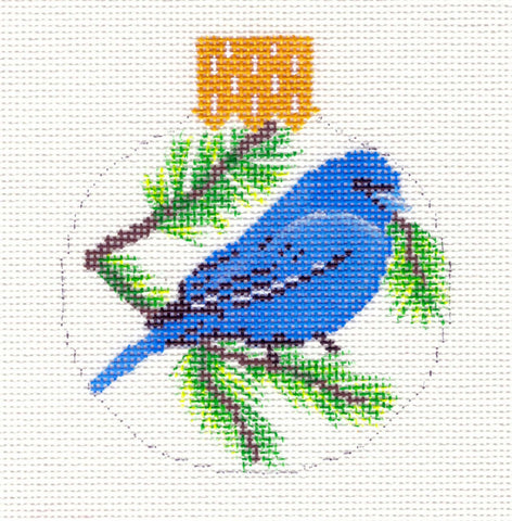 Bird Round ~ Blue Bird with Pine Boughs Ornament handpainted  3.25" Needlepoint Canvas by Whimsy and Grace