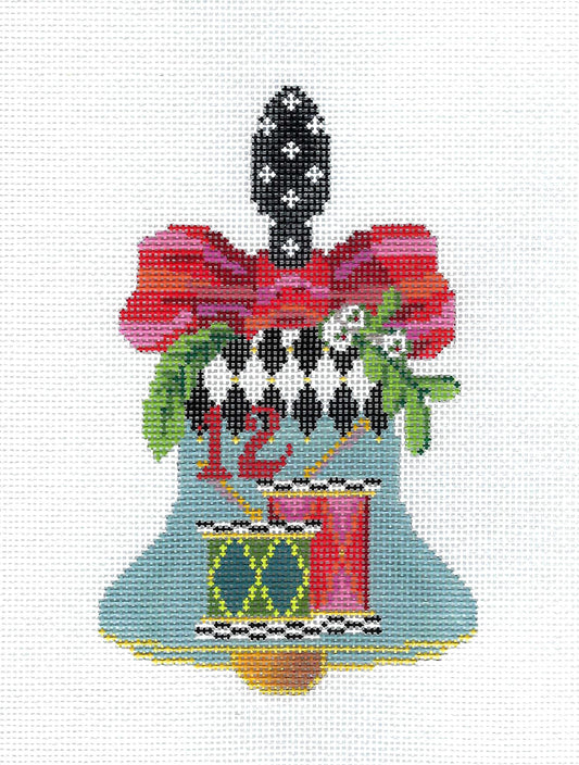 Kelly Clark ~ 12 Days of Christmas Hand Bell  12 Drummers Drumming handpainted Needlepoint Canvas by Kelly Clark