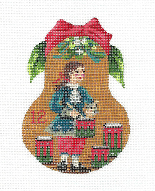 Kelly Clark Christmas Pear ~ 12 Drummers Drumming Pear 18 mesh handpainted Needlepoint Ornament Kelly Clark
