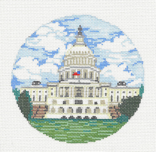 Travel Canvas ~ CAPITOL BUILDING in WASHINGTON, DC handpainted 5" Needlepoint Canvas by Sandra Gilmore