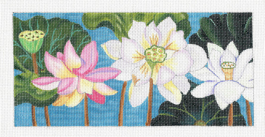 Oriental Floral Canvas ~ Lotus Blossoms Garden on handpainted Needlepoint Canvas by Juliemar