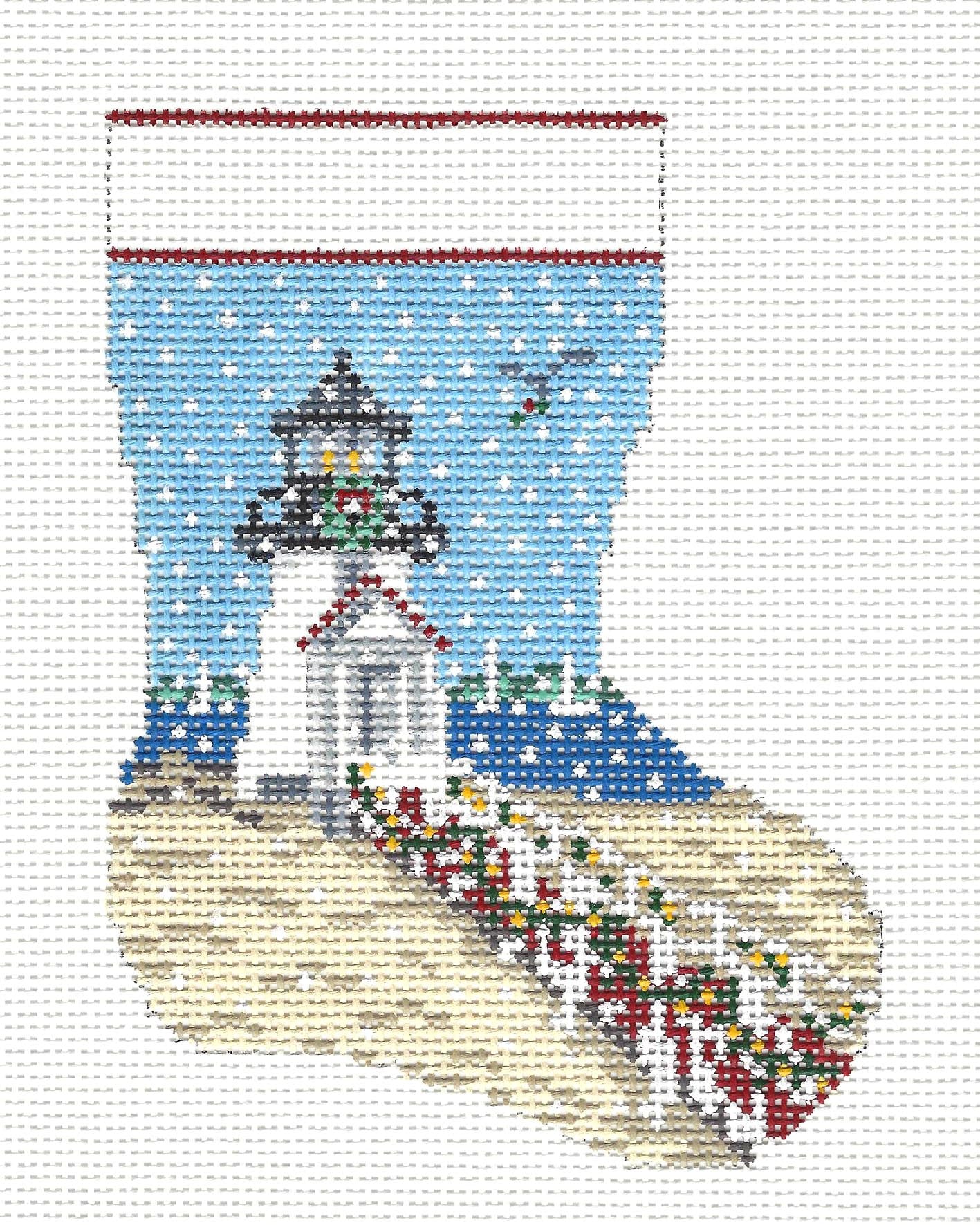 Stocking~Lighthouse in Snow 13 MESH Mini handpainted Needlepoint Canvas~by Needle Crossings