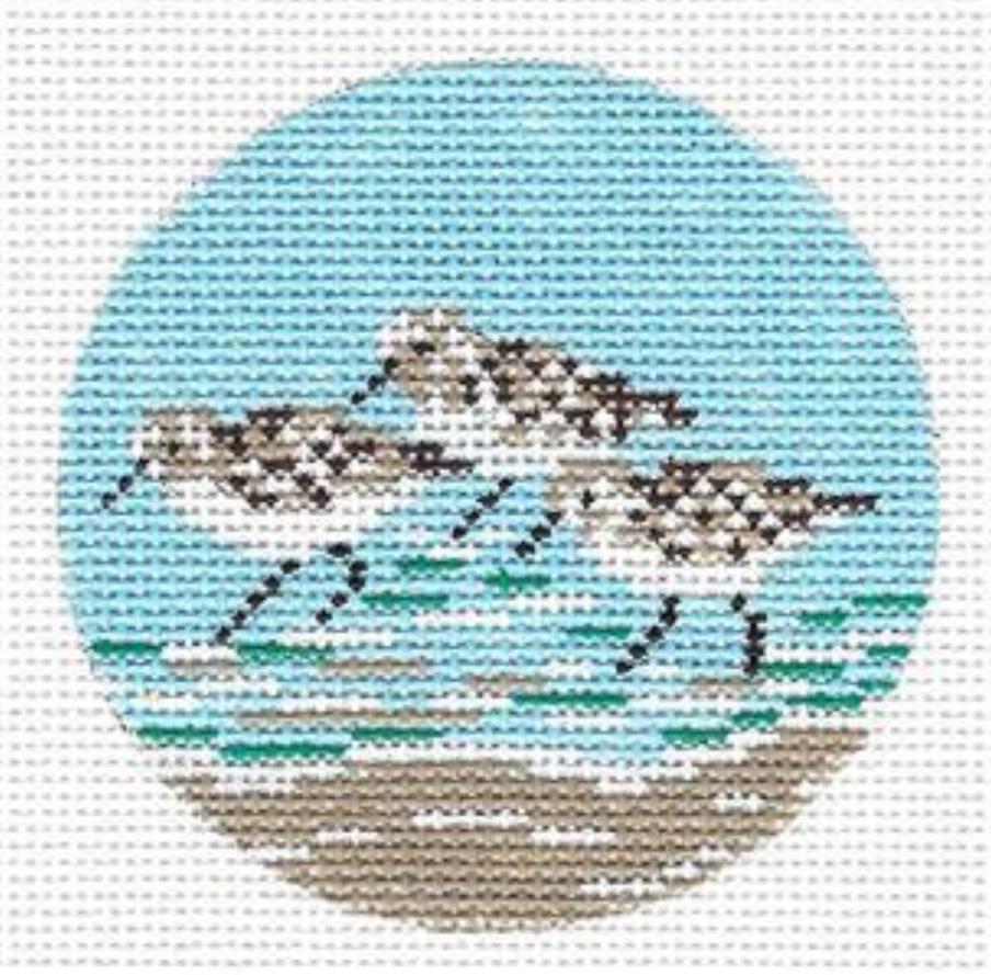 Round ~ Three SANDPIPERS at the Water's Edge 3" Ornament handpainted Needlepoint by Needle Crossings