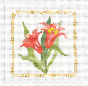 Peachy~Orange Lilies with Bamboo Frame handpainted Needlepoint Canvas ~ 5" Sq.