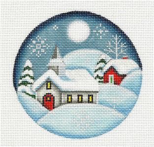 Round ~ Christmas Eve Church handpainted Needlepoint Canvas Ornament by Rebecca Wood