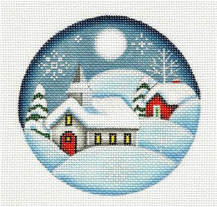 Round ~ Christmas Eve Church handpainted 4" Rd. 18 Mesh Needlepoint Ornament Canvas by Rebecca Wood