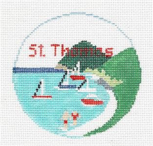 Travel Round ~ ST. THOMAS, U.S. VIRGIN ISLANDS handpainted 18 mesh 4" Rd. Needlepoint Canvas by Kathy Schenkel