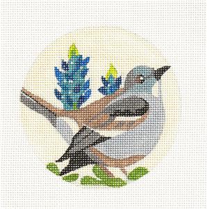 Bird Round ~ Spring Mockingbird handpainted 4" Rd. Needlepoint Ornament by Melissa Prince