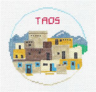Travel Round ~ TAOS, NEW MEXICO handpainted Needlepoint Canvas by Kathy Schenkel