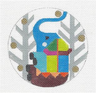 Modern ~ Elephant in Birch Trees handpainted 4" Rd. Needlepoint Ornament Melissa Prince