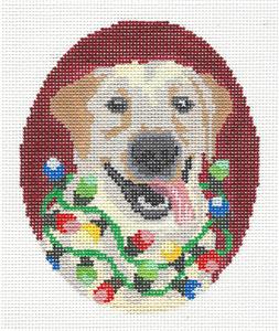 Dog Canvas ~ "Happy Holiday's Yellow Lab" Dog handpainted Oval Needlepoint Canvas by Liora Manne