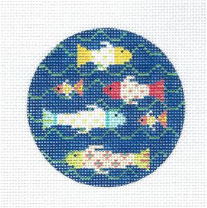 Kelly Clark ~ School of 6 Fish handpainted 3" Round Needlepoint Canvas by Kelly Clark