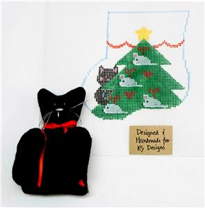 CAT & MICE CANVAS SET ~ Mini Stocking Needlepoint Ornament & Felt BLACK CAT by Kathy Schenkel