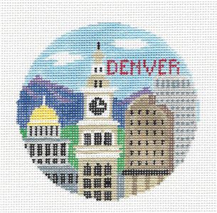 Travel Round ~ DENVER, COLORADO handpainted Needlepoint Canvas by Kathy Schenkel