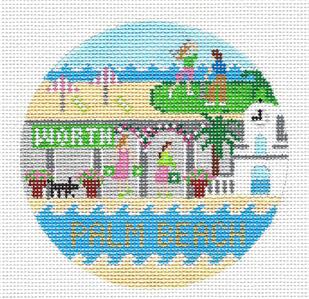 Travel Round ~ PALM BEACH, FLORIDA handpainted Needlepoint Canvas 4" Rd. Ornament by Doolittle