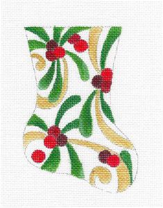 Mini Stocking ~ Mistletoe & Berries Christmas Mini Stocking handpainted Needlepoint Ornament by Raymond Crawford