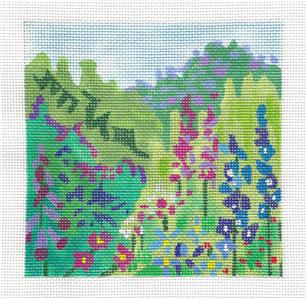 Landscape ~ Hillside of Summer Blossoms handpainted 5" Sq. 18 mesh Needlepoint Canvas by Juliemar *RETIRED*