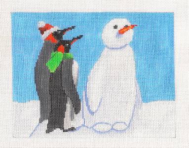 Penguins Canvas ~ 2 penguins with a snowman handpainted Needlepoint Canvas by Scott Church