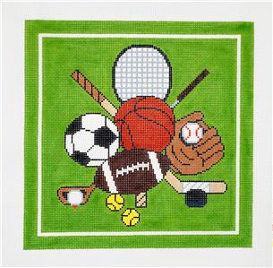 Sports Canvas ~ Sports Balls & Equipment 10"x10" 13 mesh handpainted Needlepoint Canvas by LEE