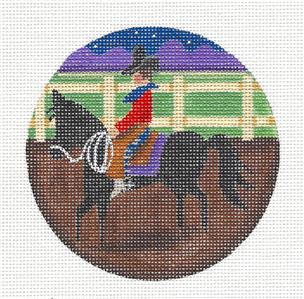 Horse Round ~ Western Horse & Rider Ornament handpainted Needlepoint Canvas by Rebecca Wood