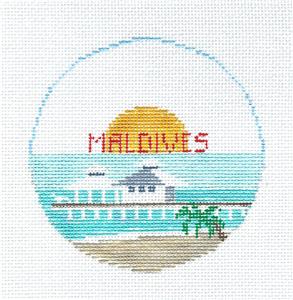 Travel Round ~ The MALDIVES in Indian Ocean 18 Mesh 4" Rd. Needlepoint Ornament Canvas by Kathy Schenkel RD.