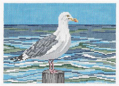 Canvas ~ Lone Seagull by the Ocean handpainted 18 mesh Needlepoint Canvas by Needle Crossings