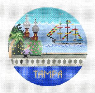 Travel Round ~ Tampa, Florida West Coast handpainted Needlepoint 4" Rd. Ornament by Doolittle