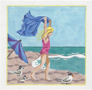 Beachside Canvas ~ Girl On The Beach & STITCH GUIDE handpaintd Needlepoint Canvas by Kamala ~ Juliemar