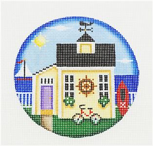 Round ~ Beach Cottage 4" handpainted Needlepoint Ornament Canvas by Rebecca Wood