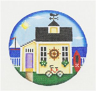 Round ~ Summer Beach Cottage 4" handpainted 18 mesh Needlepoint Ornament Canvas by Rebecca Wood