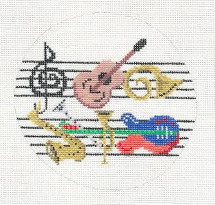 Music Round ~ "Musical Instruments" handpainted Needlepoint Ornament Canvas 4.5 Rd Patti Mann