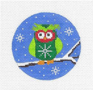 Round- GREEN OWL on a BRANCH Ornament handpainted 13m Needlepoint Canvas by Karen ~ CBK