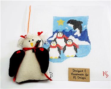 PENGUINS CANVAS SET  ~ Needlepoint Mini Stocking Ornament & Felt Penguin SET by Kathy Schenkel